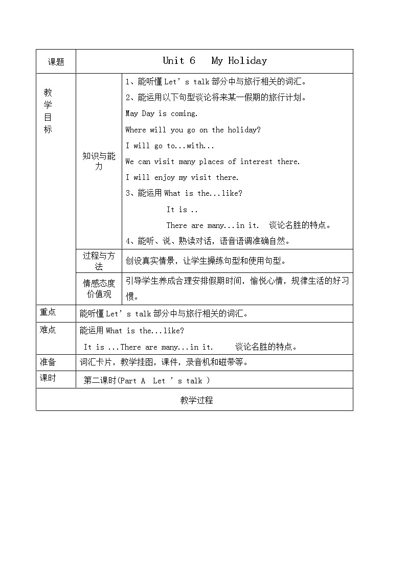 陕旅版小学英语五下 Unit6 My Holiday partA 教案01