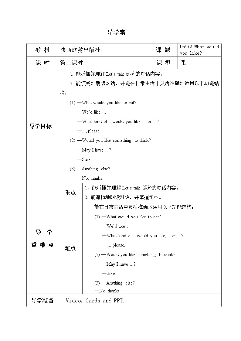 陕旅版小学英语六下 Unit2 What Would You Like？ partB 导学案01