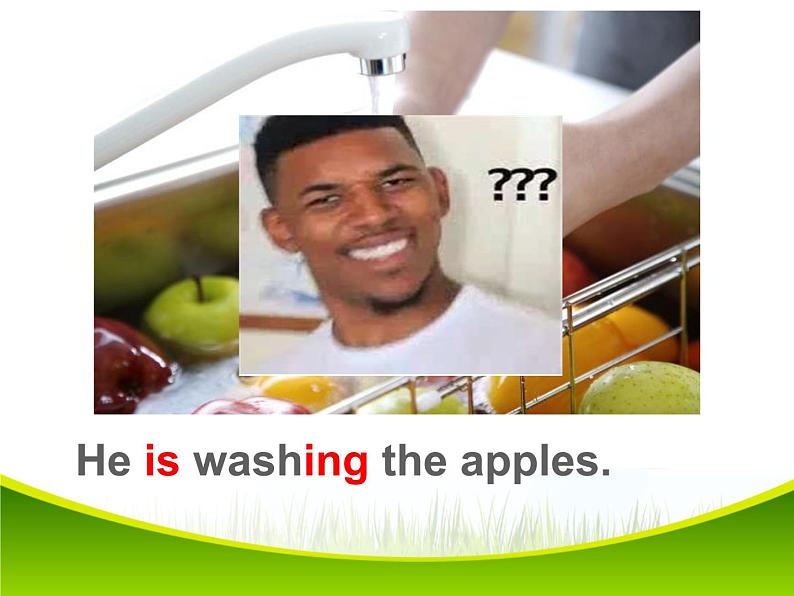 外研版(三起)小学英语六下 Module4 Unit2 The apples are falling down the stairs. 课件07
