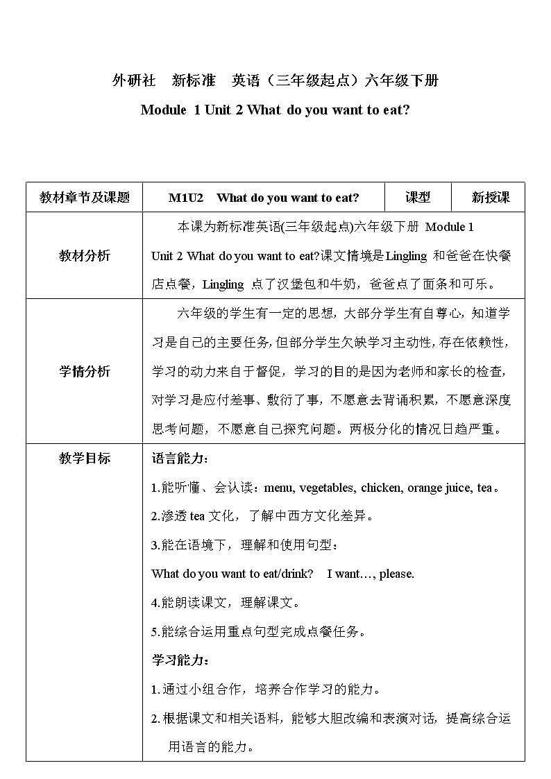 外研版(三起)小学英语六下 Module1 Unit2 What do you want to eat? 教案01