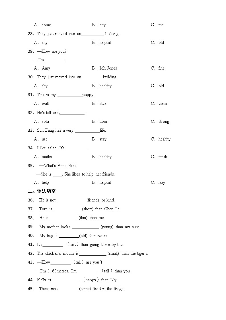 2022年小学英语小升初专项复习:形容词 练习03