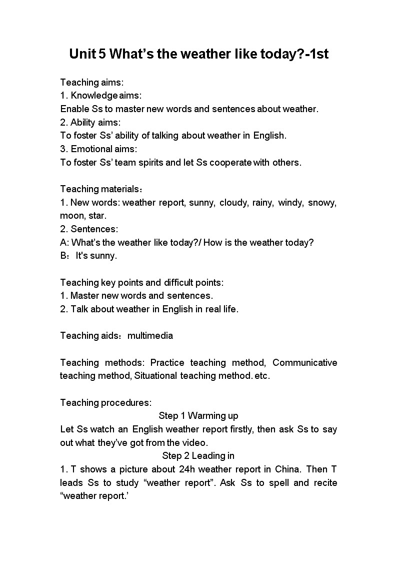陕旅版小学英语五下 Unit5 What's the Weather like Today? partA 课件教案01