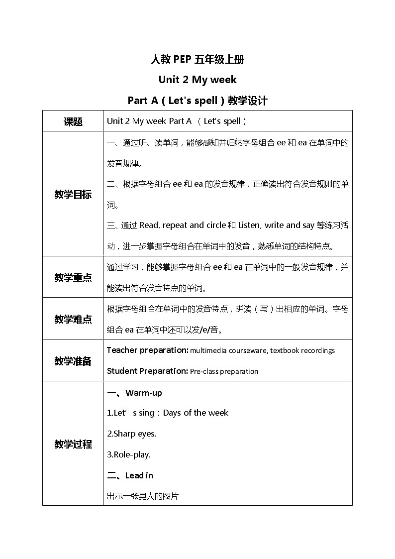 人教版PEP五上《Unit2 My week Part A(Let's spell)》课件+教学设计+素材01