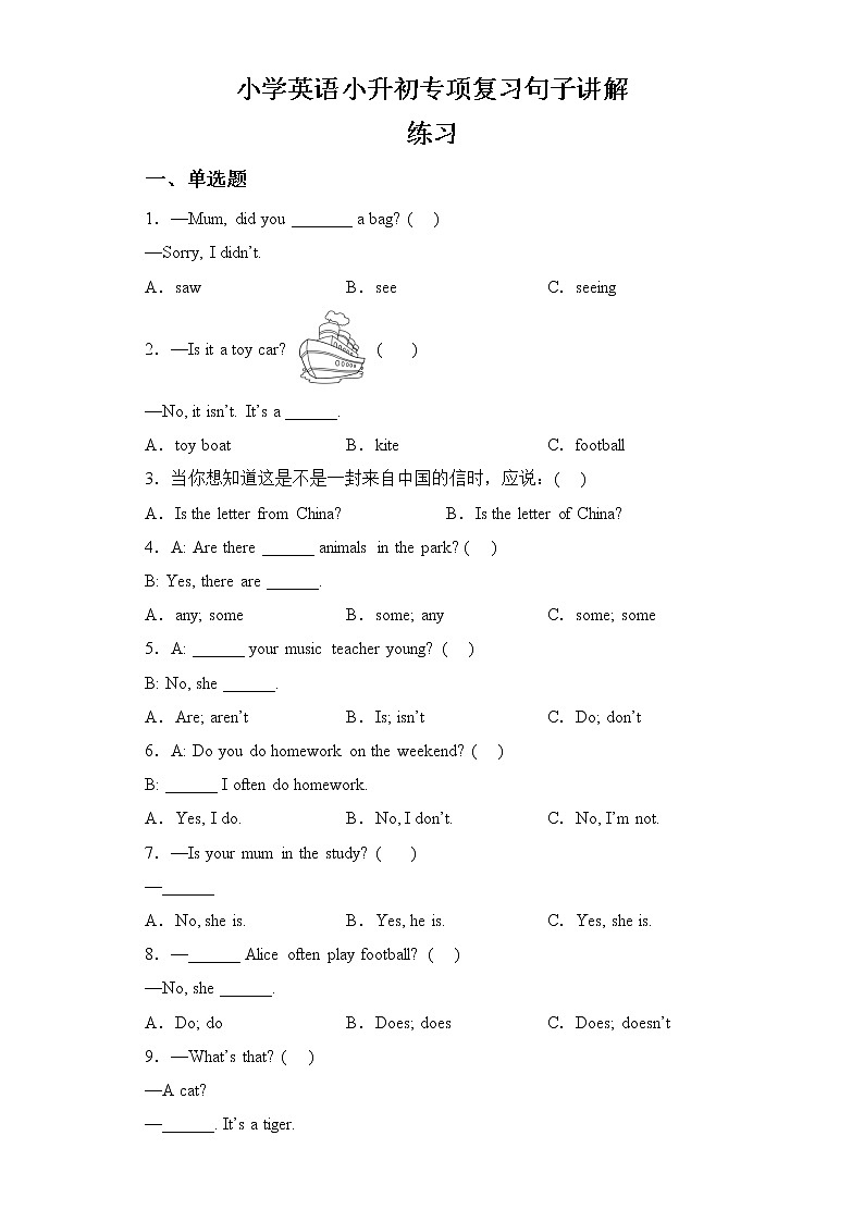 通用小升初英语满分技巧专项复习-句子讲解练习(含答案及解析)第1页