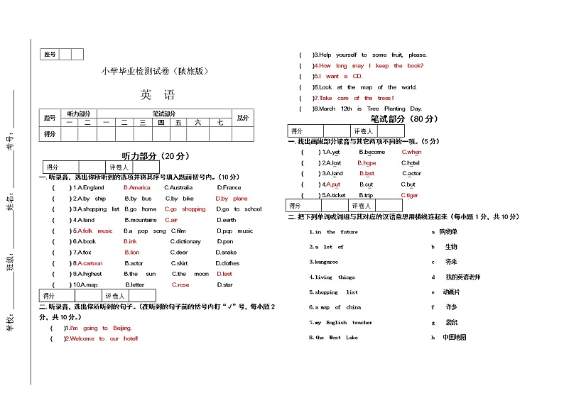 陕旅版六年级英语毕业测试卷及答案第1页