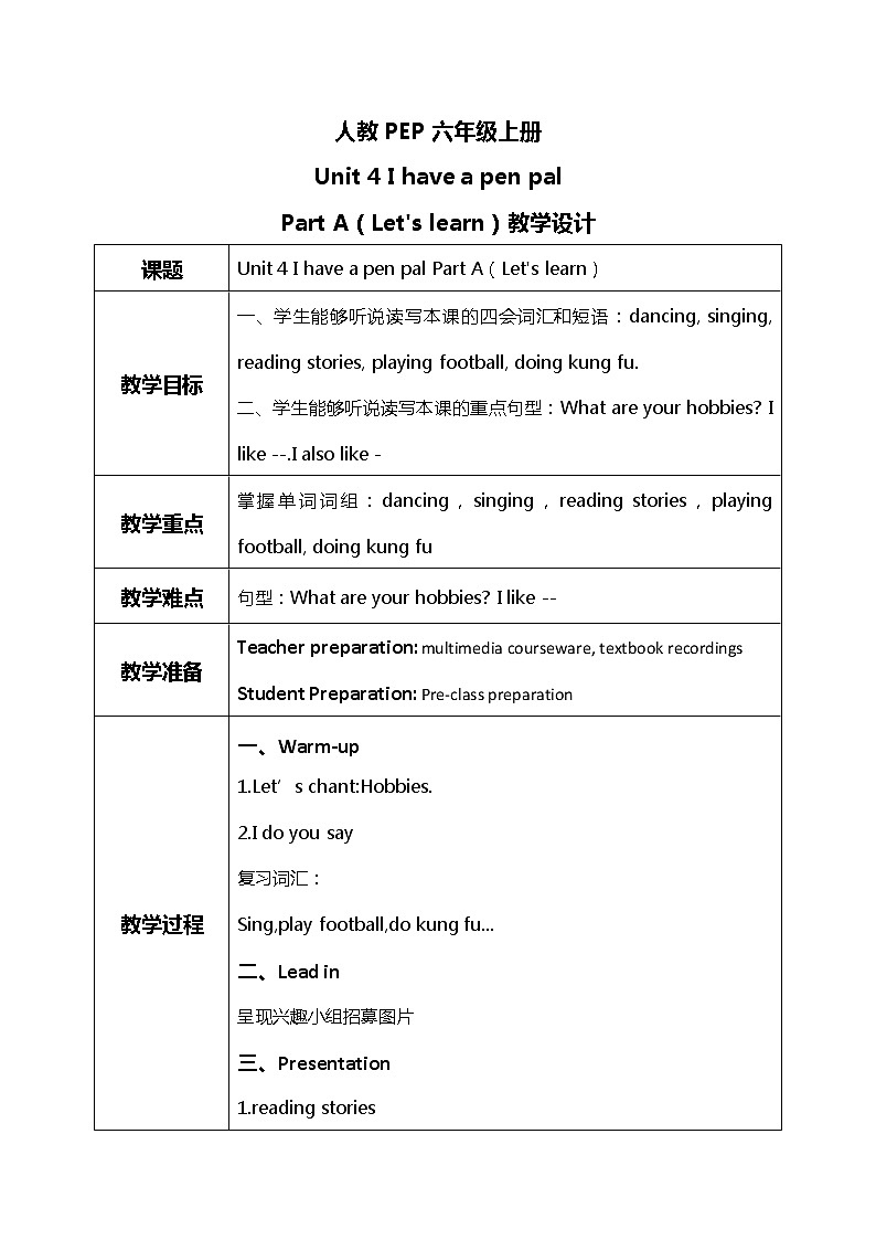 人教版PEP六上《Unit 4 I have a pen pal Part A(Let 's learn)》教学设计第1页