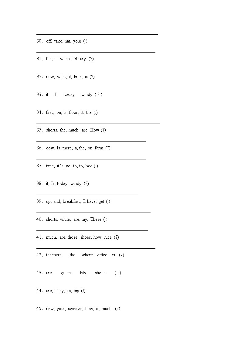 【专项集训】人教PEP版四年级英语下册期末总复习-连词成句题(含答案)03