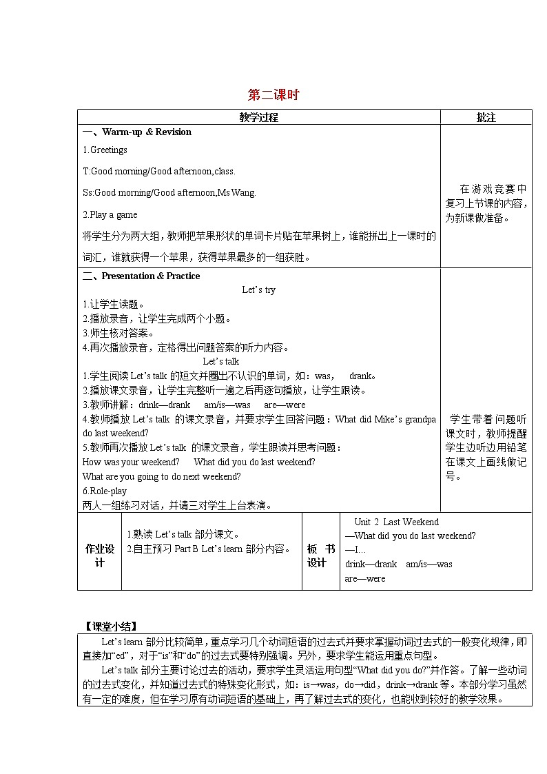 人教版(PEP)六年级英语下册Unit2LastweekendPartA第2课时教案01