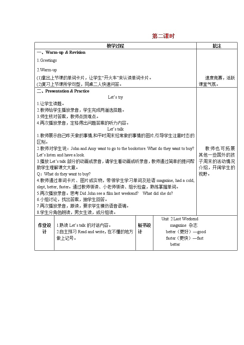 人教版(PEP)六年级英语下册Unit2LastweekendPartB第2课时教案01