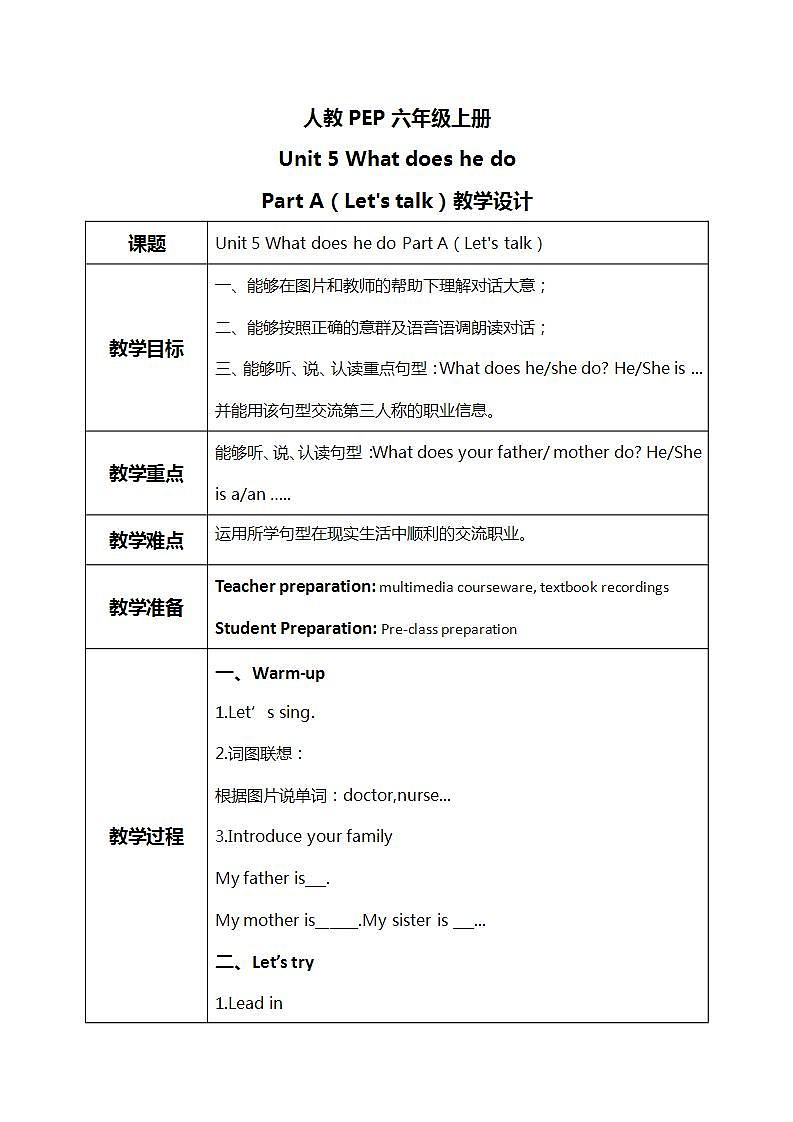 人教版PEP六上《Unit 5 What does he do Part A(Let's talk)》课件+教学设计+素材01