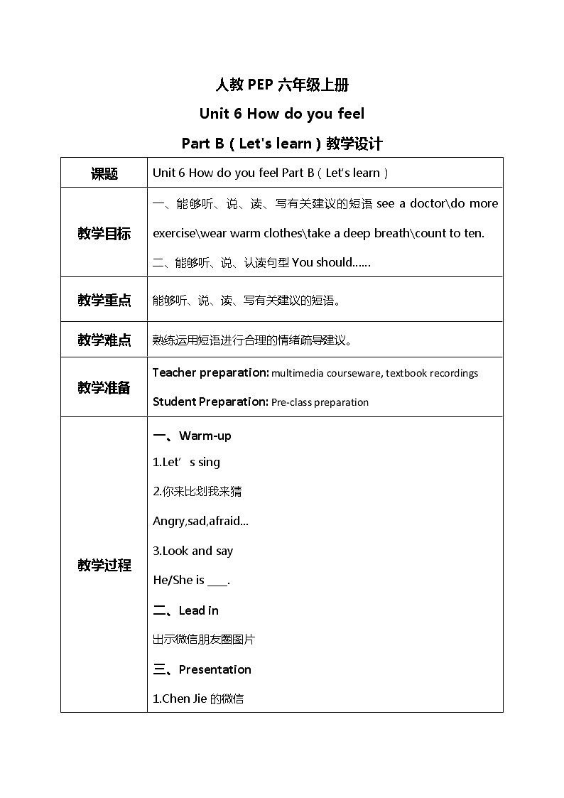 人教版PEP六上《Unit 6 How do you feel Part B(Let's learn)》课件+教学设计+素材01