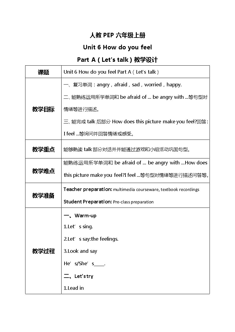 人教版PEP六上《Unit 6 How do you feel Part A(Let 's talk)》教学设计第1页