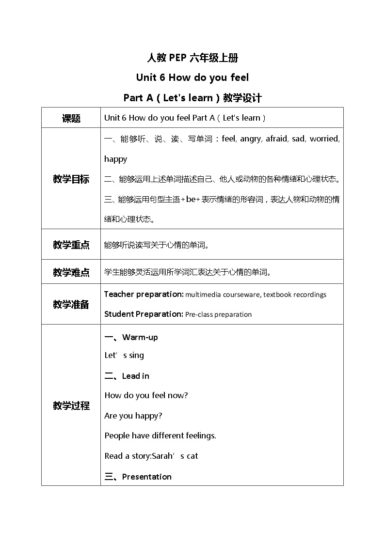 人教版PEP六上《Unit 6 How do you feel Part A（Let's learn）》课件+教学设计+素材01