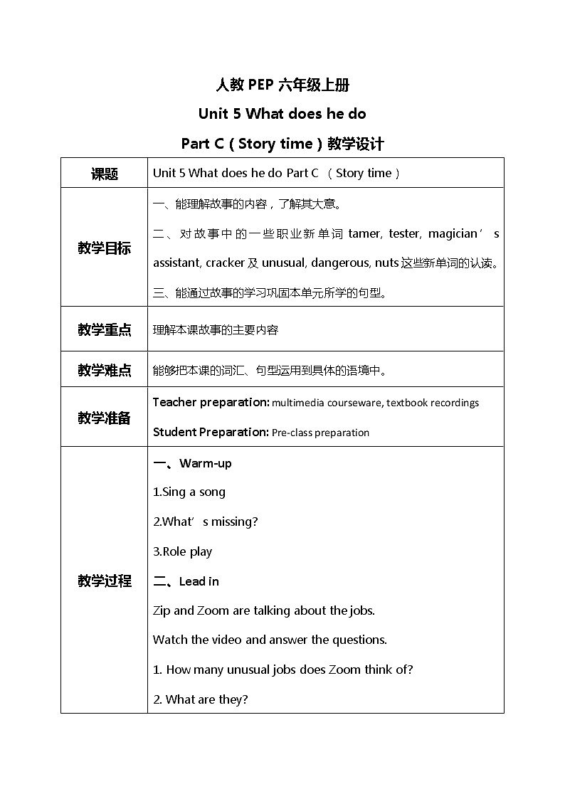 人教版PEP六上《Unit 5 What does he do Part C(Story time)》课件+教学设计+素材01