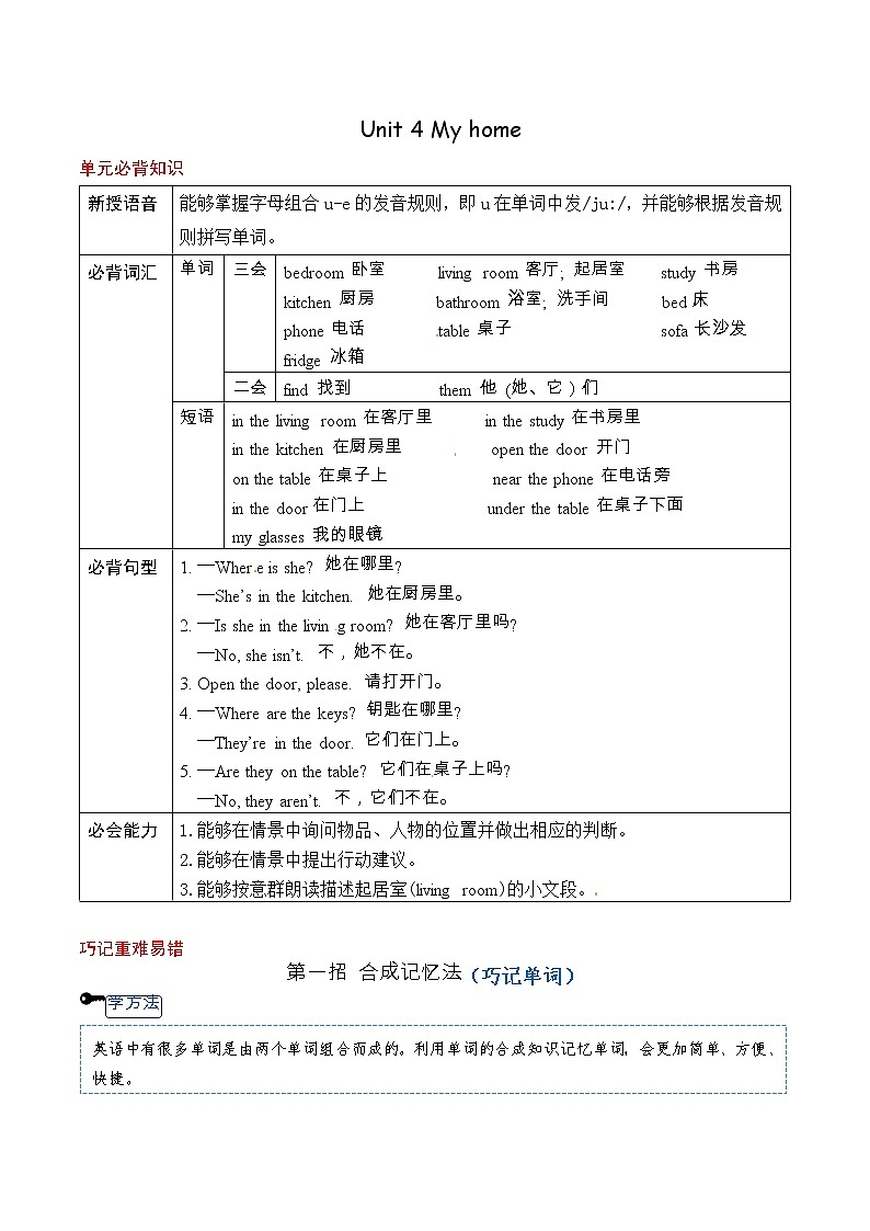 人教PEP版四年级上册英语 Unit 4 My home 单元必背知识+重难点讲义(含答案)第1页