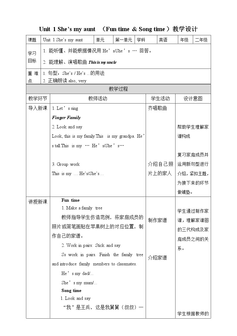 牛津译林版二年级上册英语Unit 1 Fun time& Song time教案01