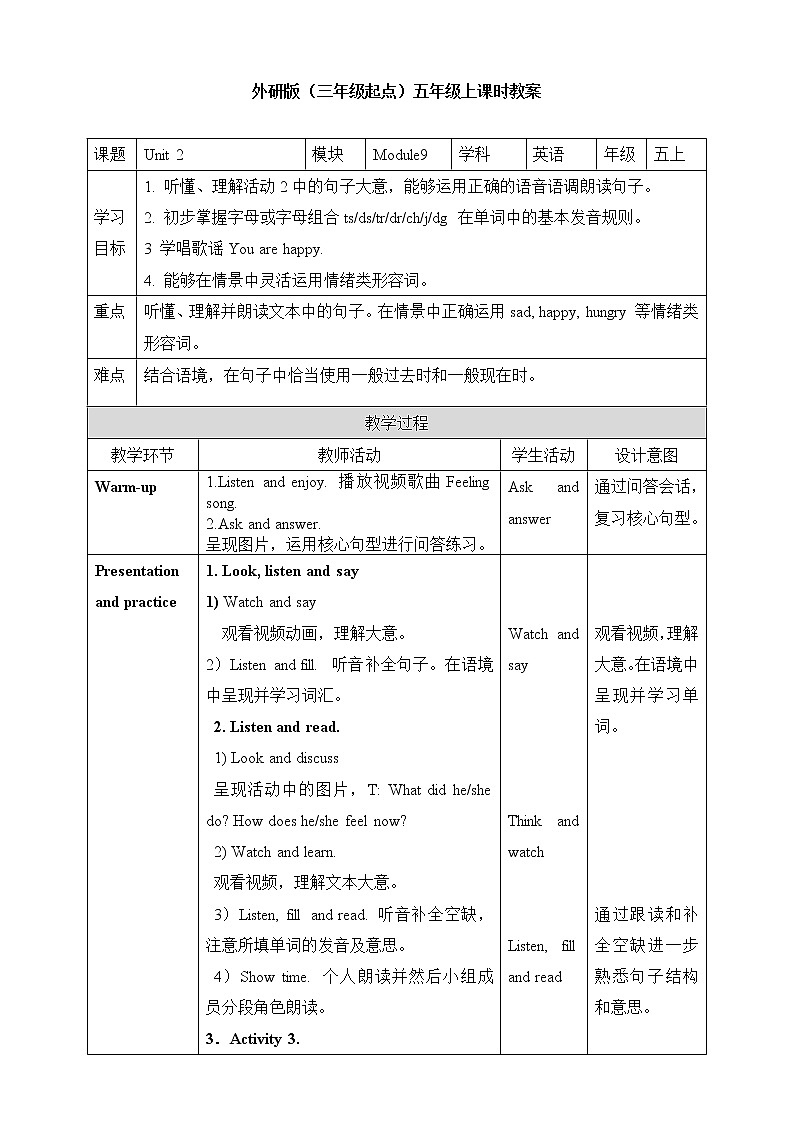外研版5上英语 Module9 Unit2 I feel happy 教案第1页