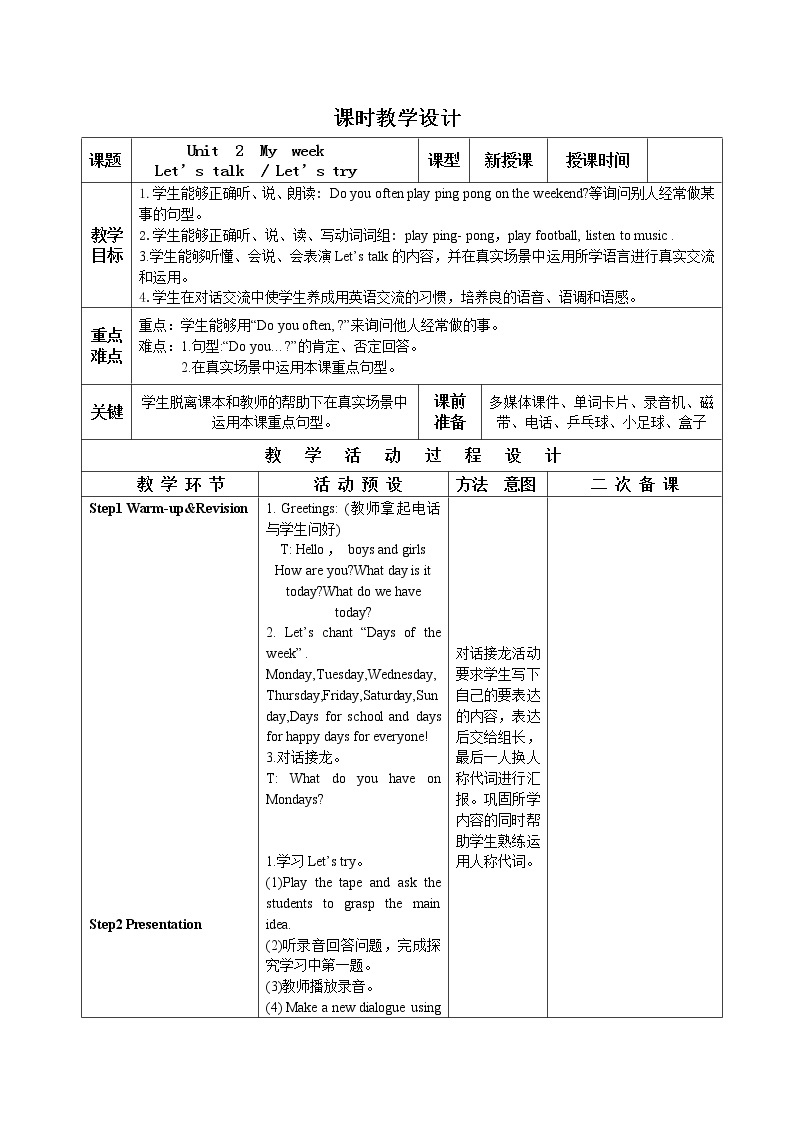 PEP五上Unit2MyweekBLet’stalkLet’stry优质教案01