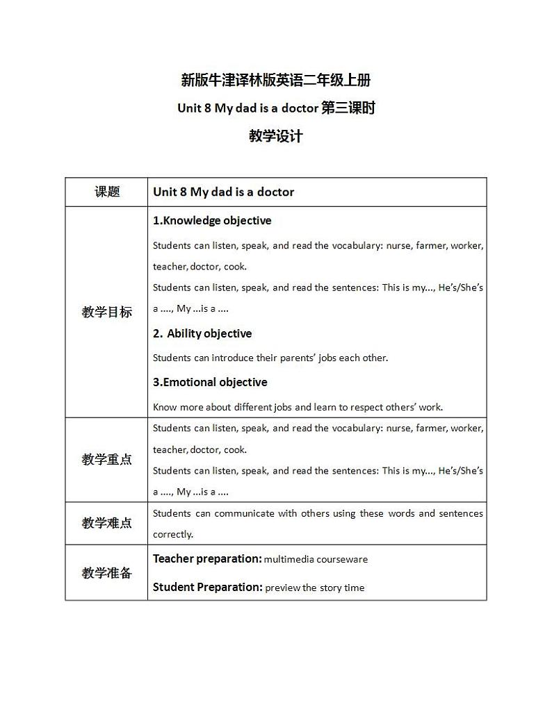 Unit 8 My dad is a doctor Period 3教学设计第1页