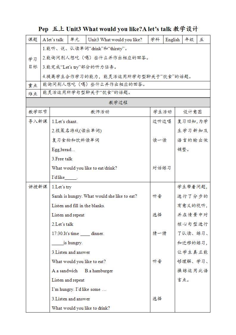 Unit3 What would you like A let's talk  课件+教案+练习+素材01