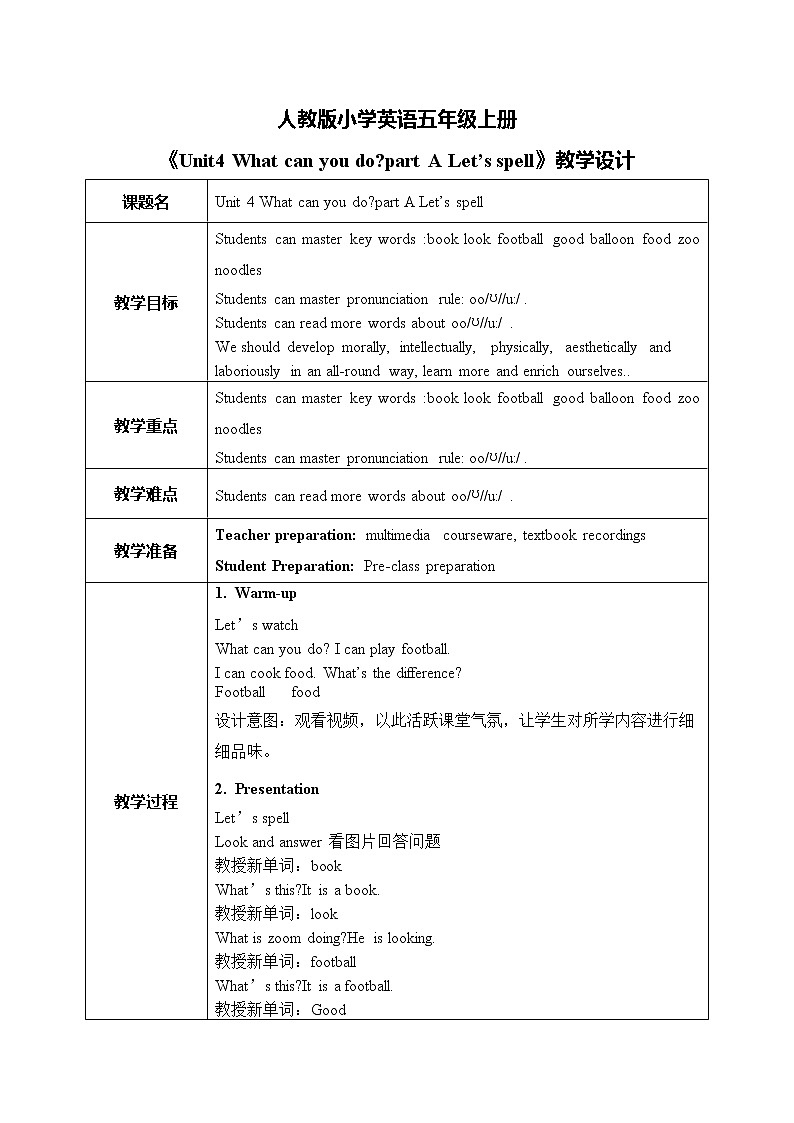 人教版英语五上《Unit4 What can you do part A Let’ s spell》教学设计第1页