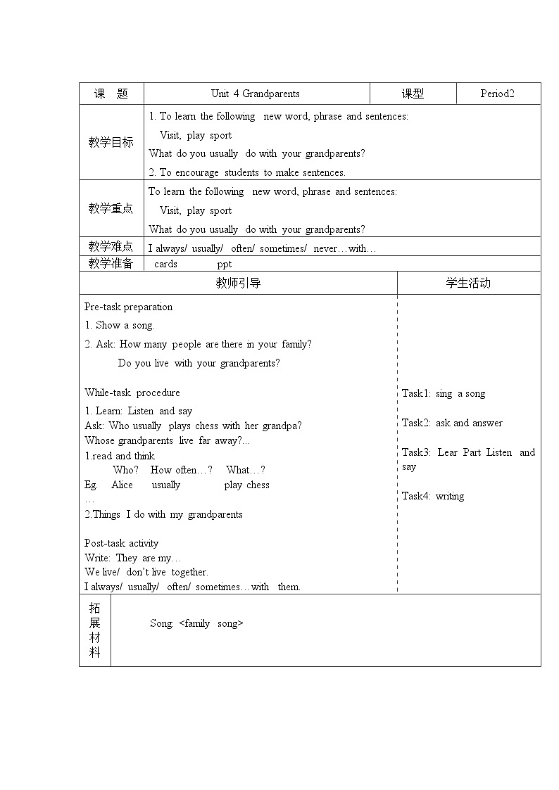 五年级上册英语教案（表格式）-Unit 4 Grandparents 第二课时沪教牛津版（深圳用）01