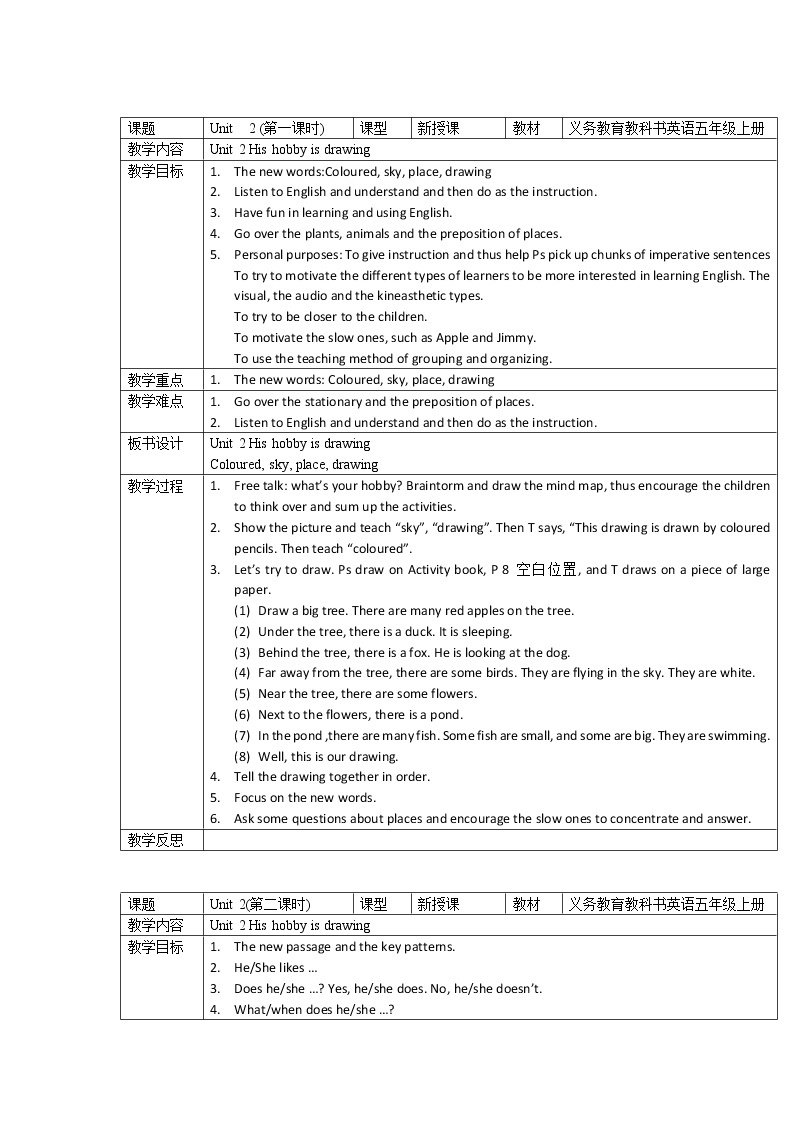 五年级上册英语教案-Module 1 Hobbies Unit 2 His hobby is drawing 教科版（广州，三起）01