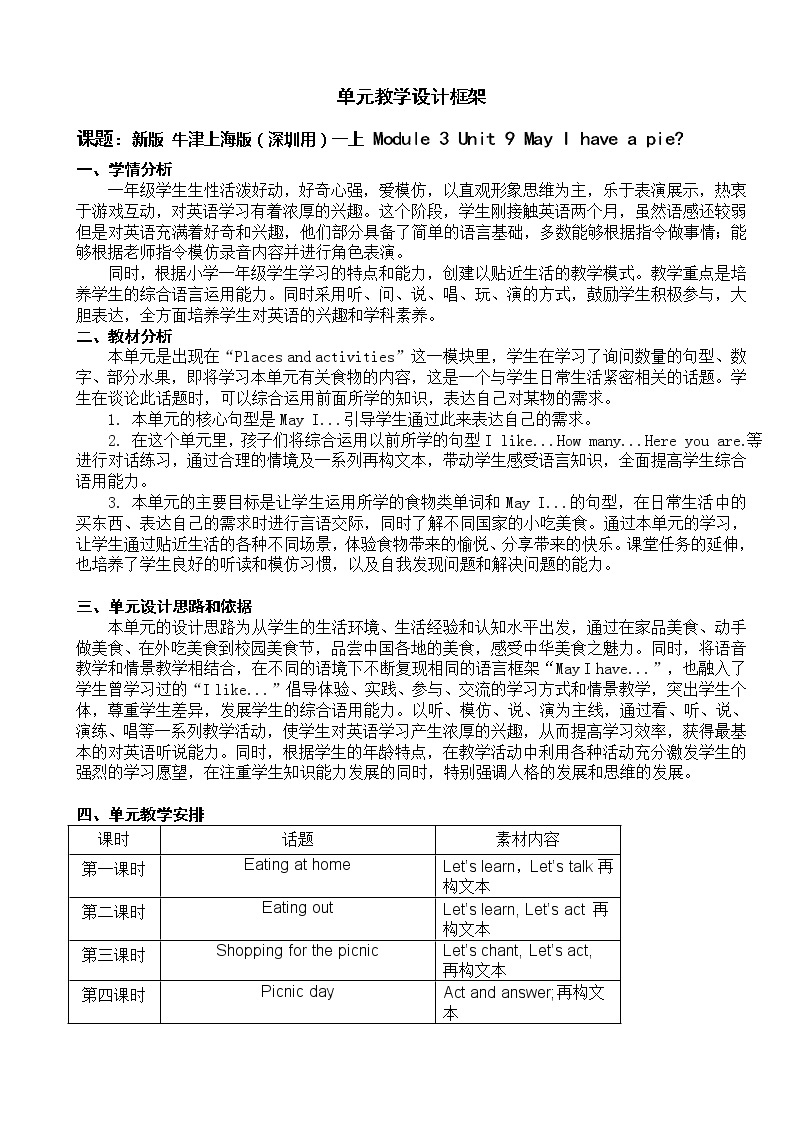 Module 3 Unit 9 May I have a pie 教案（5课时）01