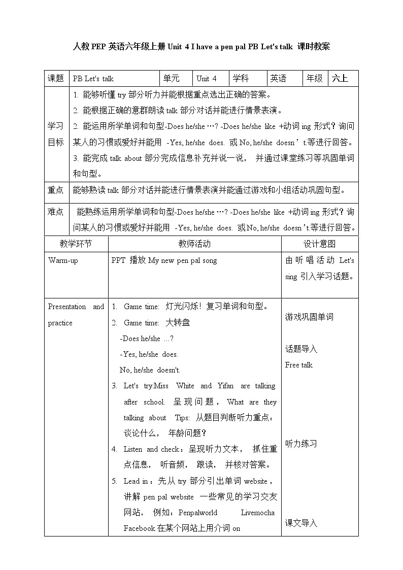 Unit 4 I have a pen pal PB Let 's talk (公开课) 教案第1页