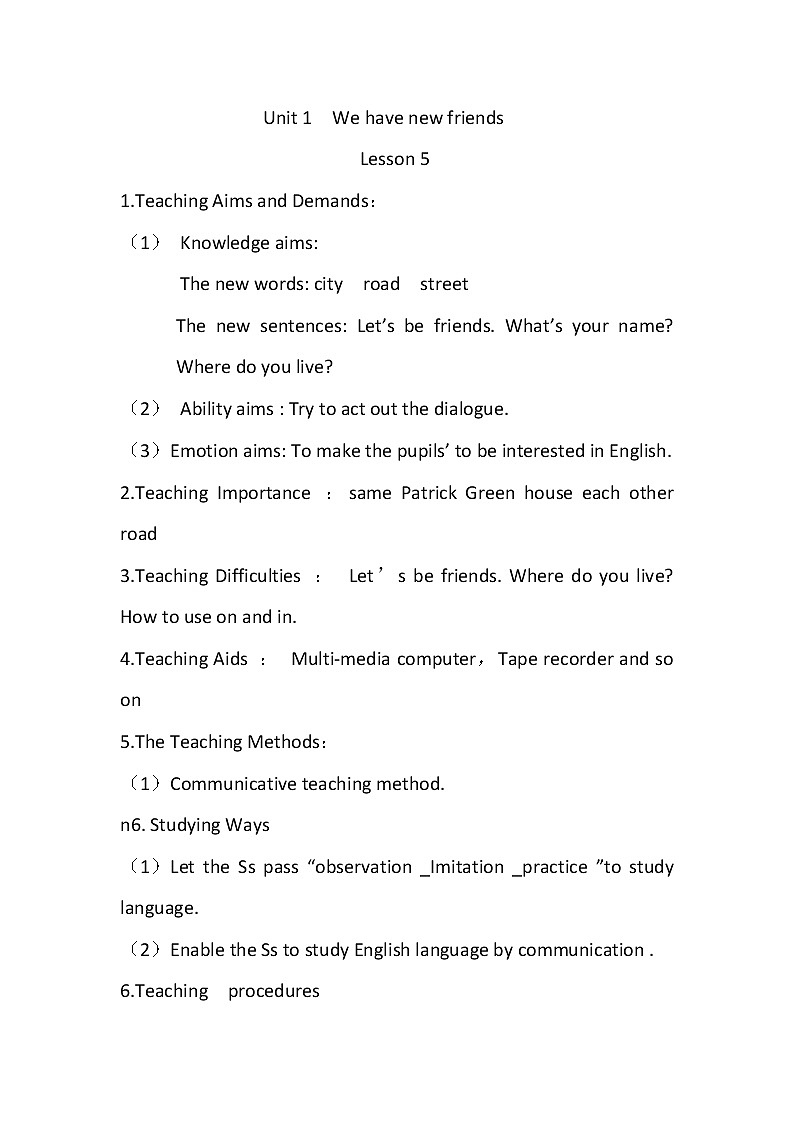 五年级上册英语教案-Unit1 We have new frlends(Lesson5) |人教精通版第1页