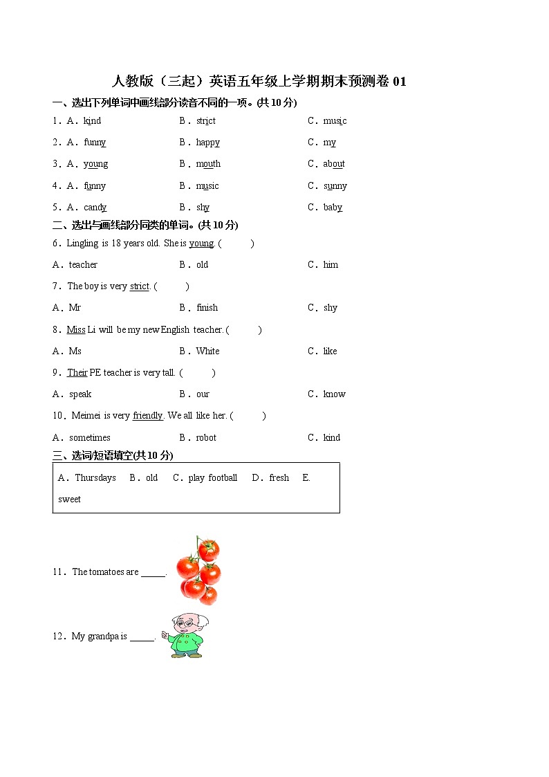 人教版(三起)英语五年级上学期期末预测卷01(含答案)01