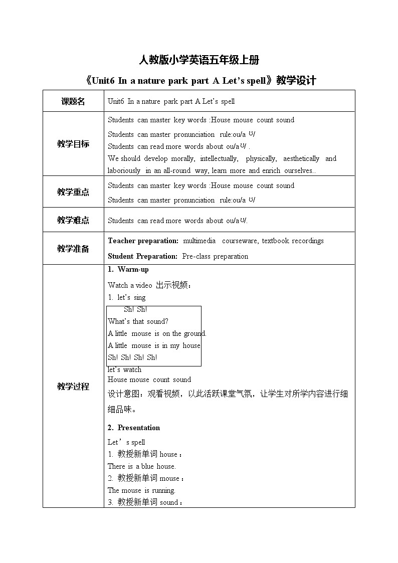 人教版英语五上《Unit6 In a natural park part A Let’ s spell》教学设计第1页
