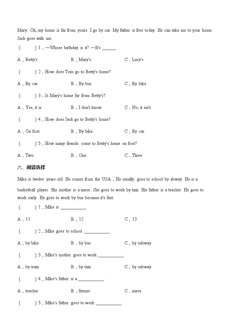 【阅读提升】人教版PEP六年级上册英语单元专项突破练习-Unit 2 Ways to go to school(含答案)03