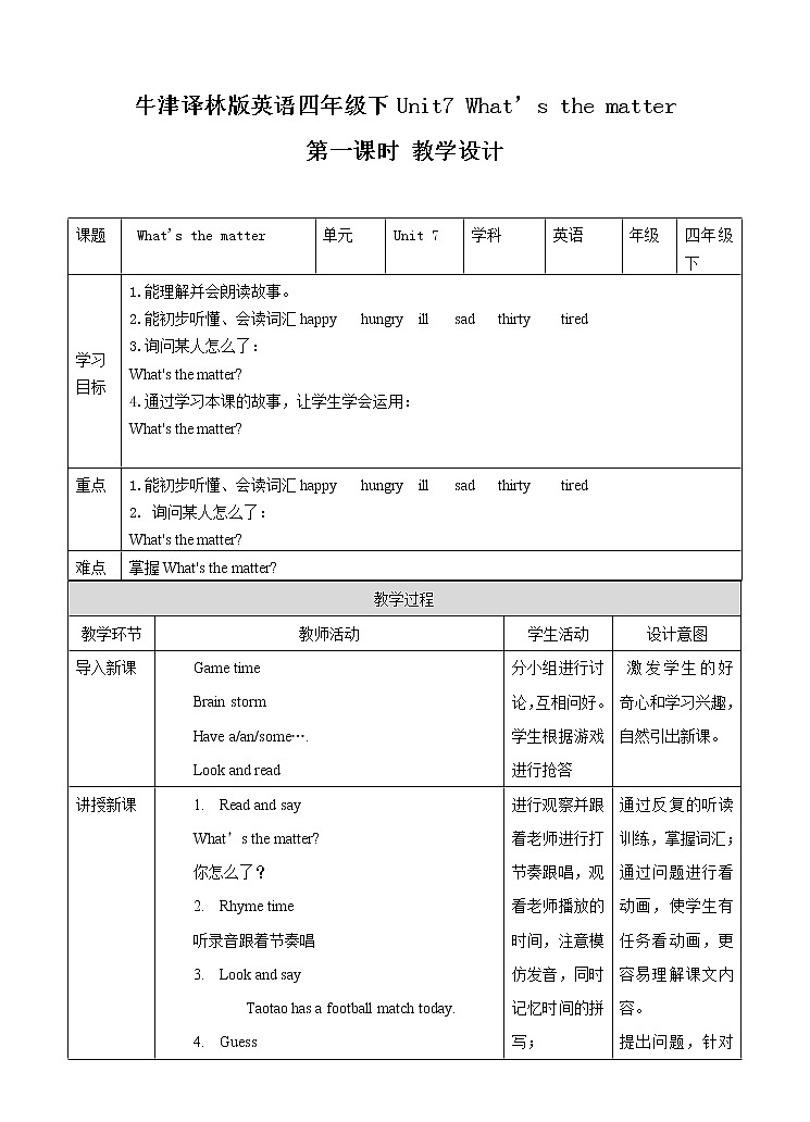 牛津译林版英语四年级下册 Unit 7 What’s the matter 课件 第一课时(课件+教案+练习)01