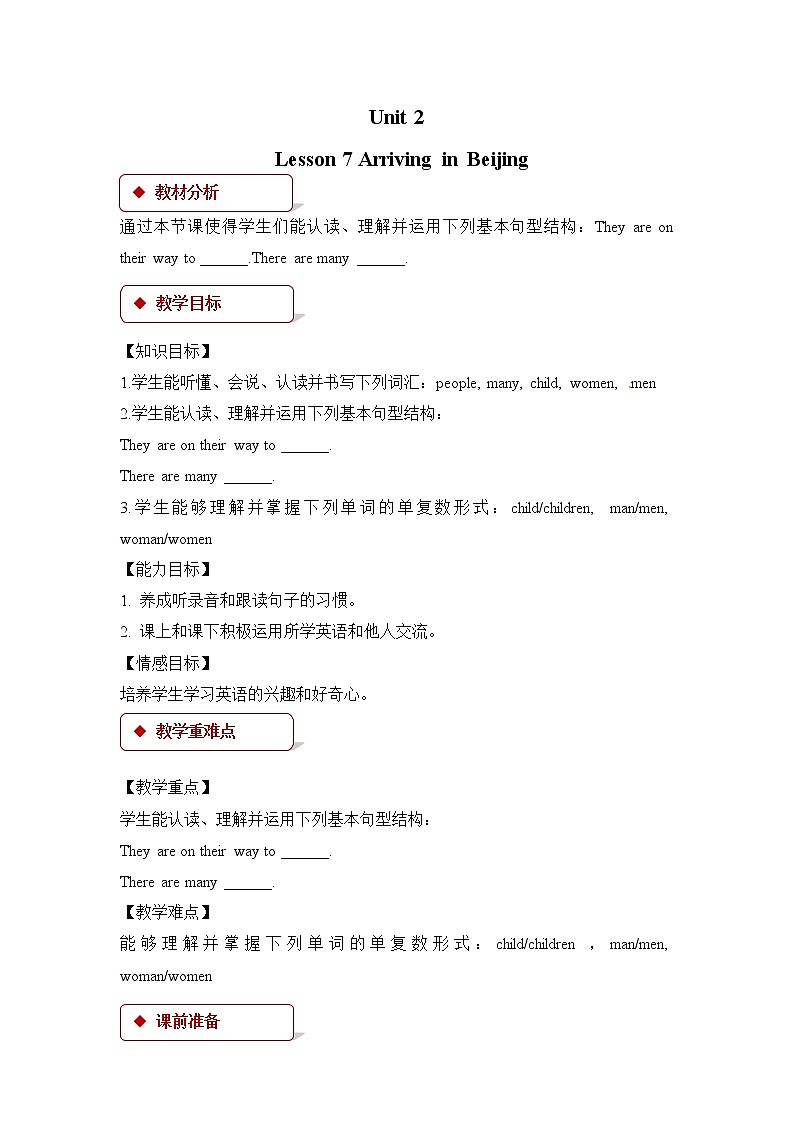 冀教版英语5下 Lesson 7 Arriving in Beijing PPT课件+教案01