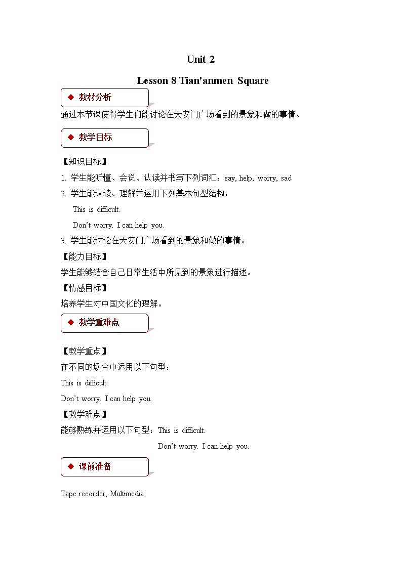 冀教版英语5下 Lesson 8 Tian'anmen Square PPT课件+教案01
