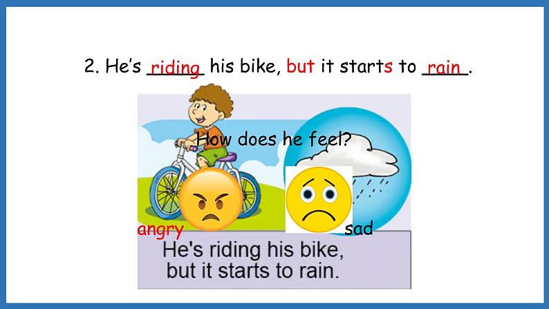 Module 5 Unit 2 He’s riding his bike, but it starts to rain.(课件)外研版(三起点)六年级英语下册07
