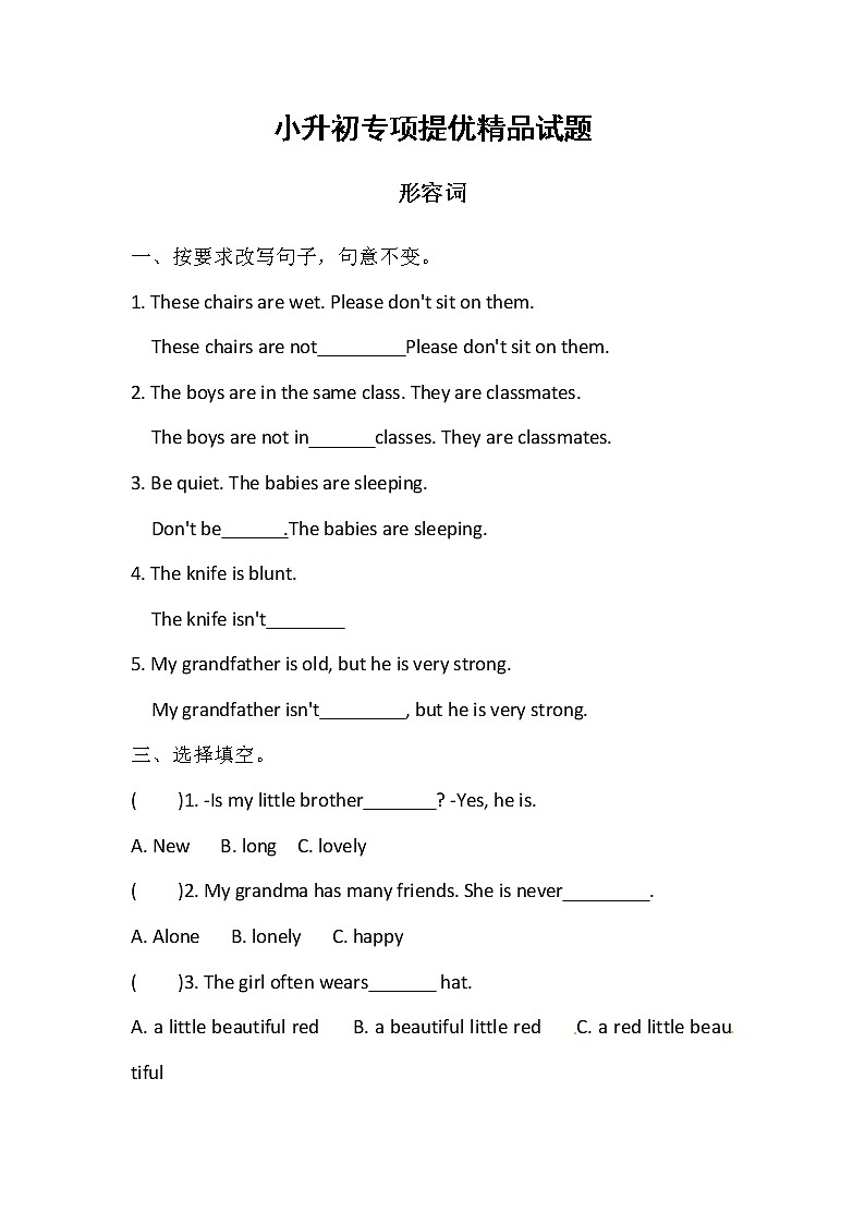 小升初英语专项:形容词(含答案) 练习01