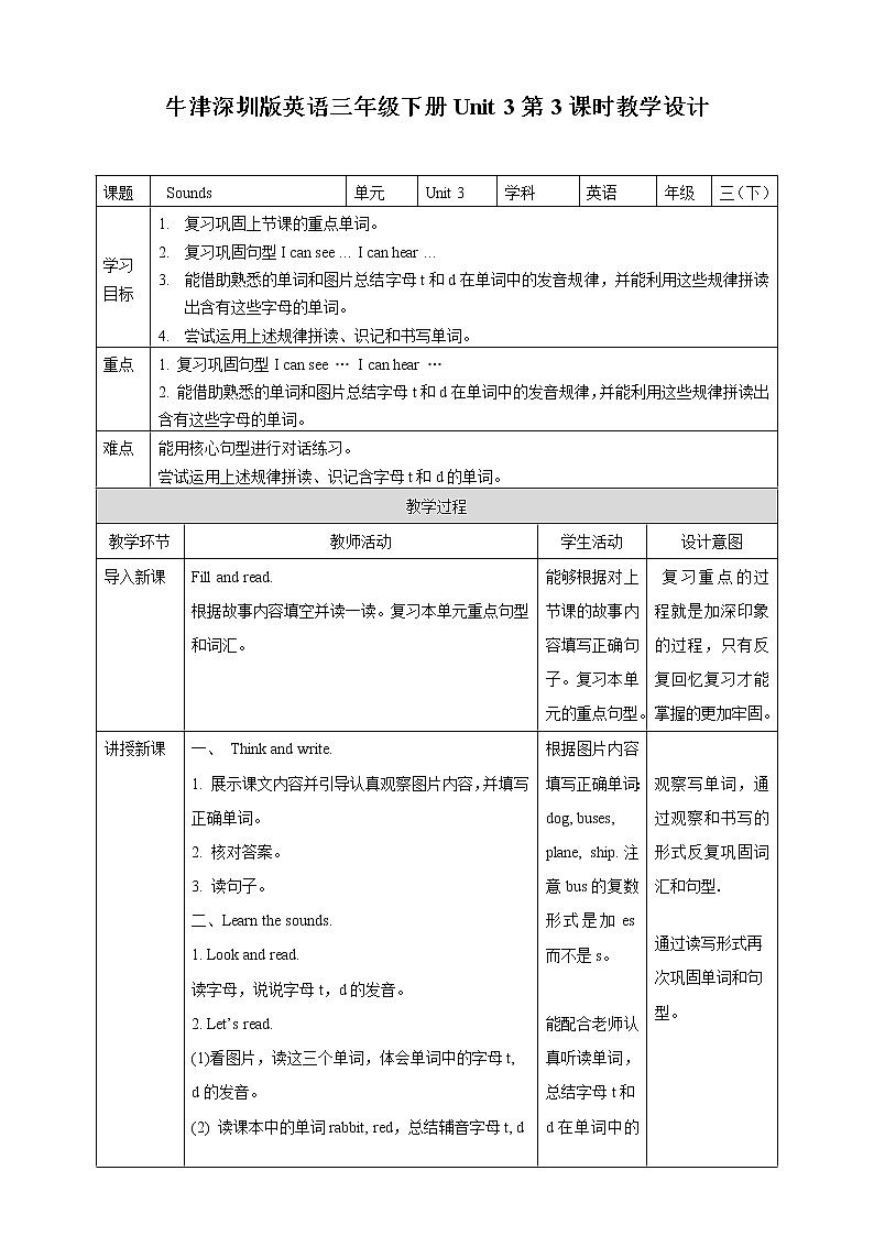 牛津深圳小學(xué)英語(yǔ)三年級(jí)下冊(cè)Unit 3 (3)教學(xué)設(shè)計(jì)第1頁(yè)