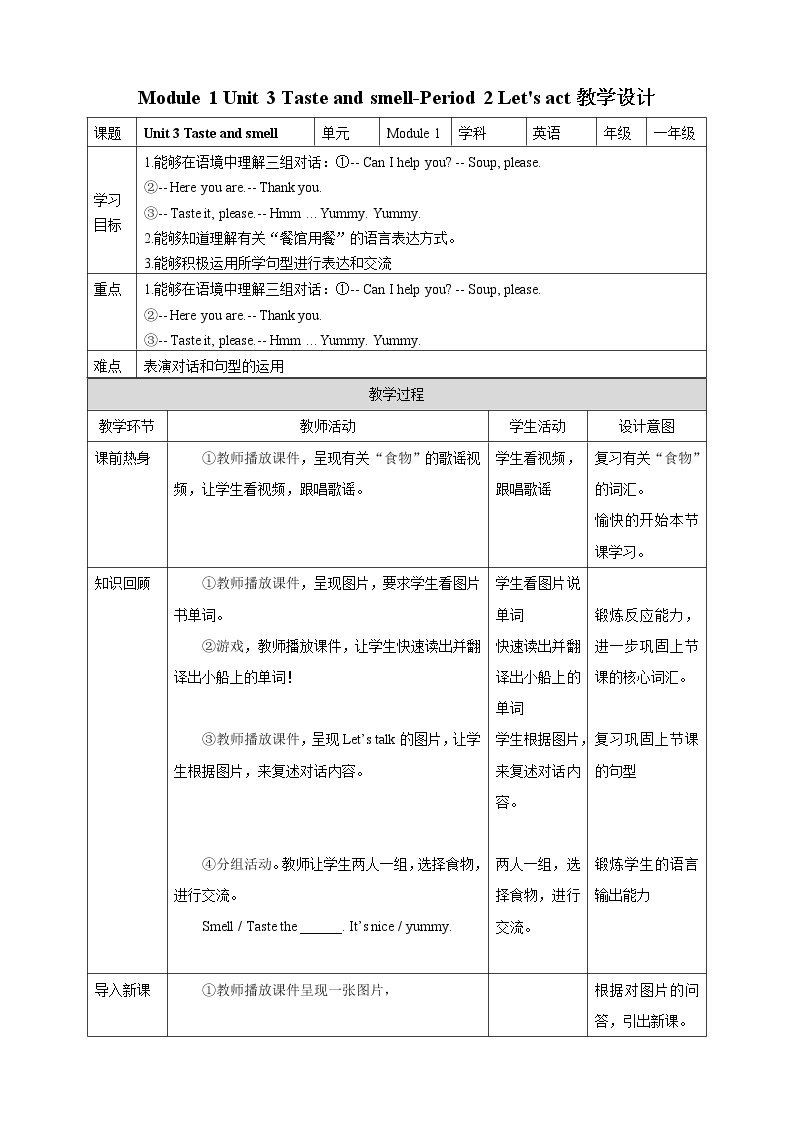 Module 1 Unit 3 Taste and smell-Period 2 Let's act课件+教案+练习01