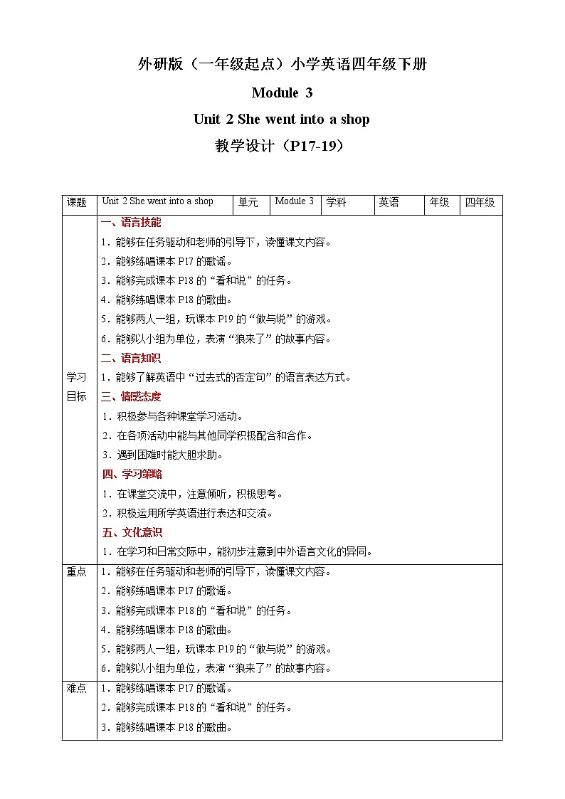 Module 3 Unit 2 She went into a shop 教案第1页
