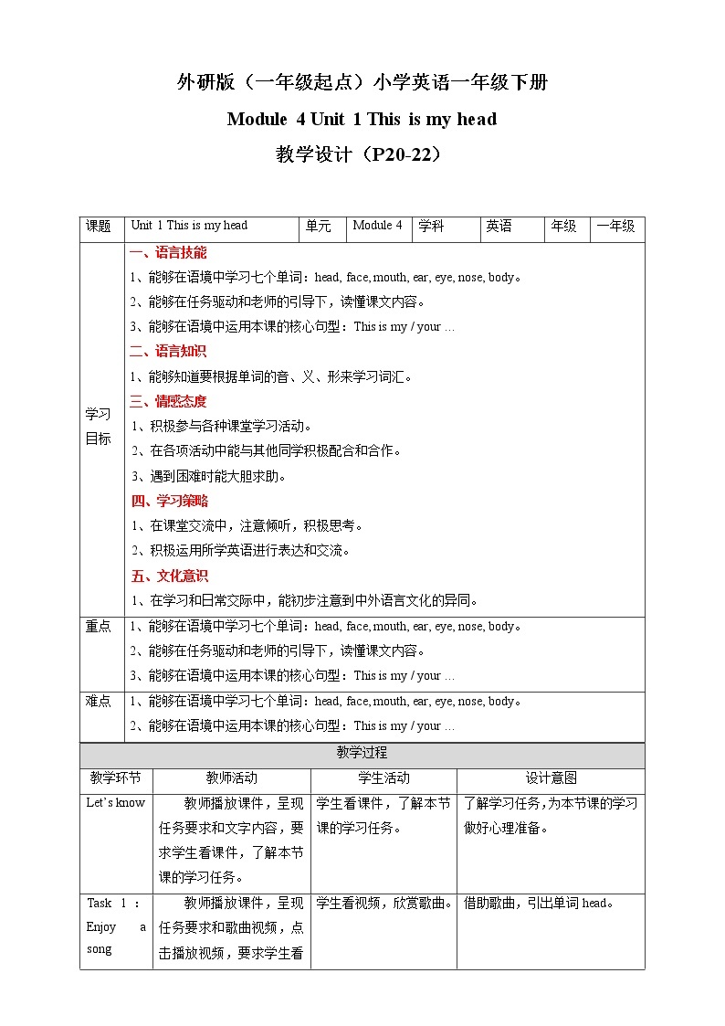 Module 4 Unit 1 This is my head 课件+教案+习题01