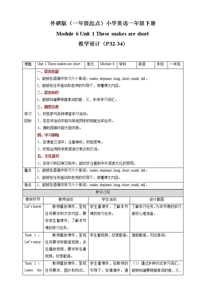 Module 6 Unit 1 These snakes are short 课件+教案+习题01