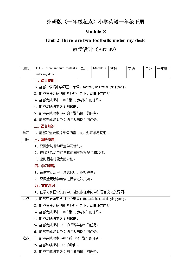 Module 8 Unit 2 There are two footballs under my desk 教案第1页
