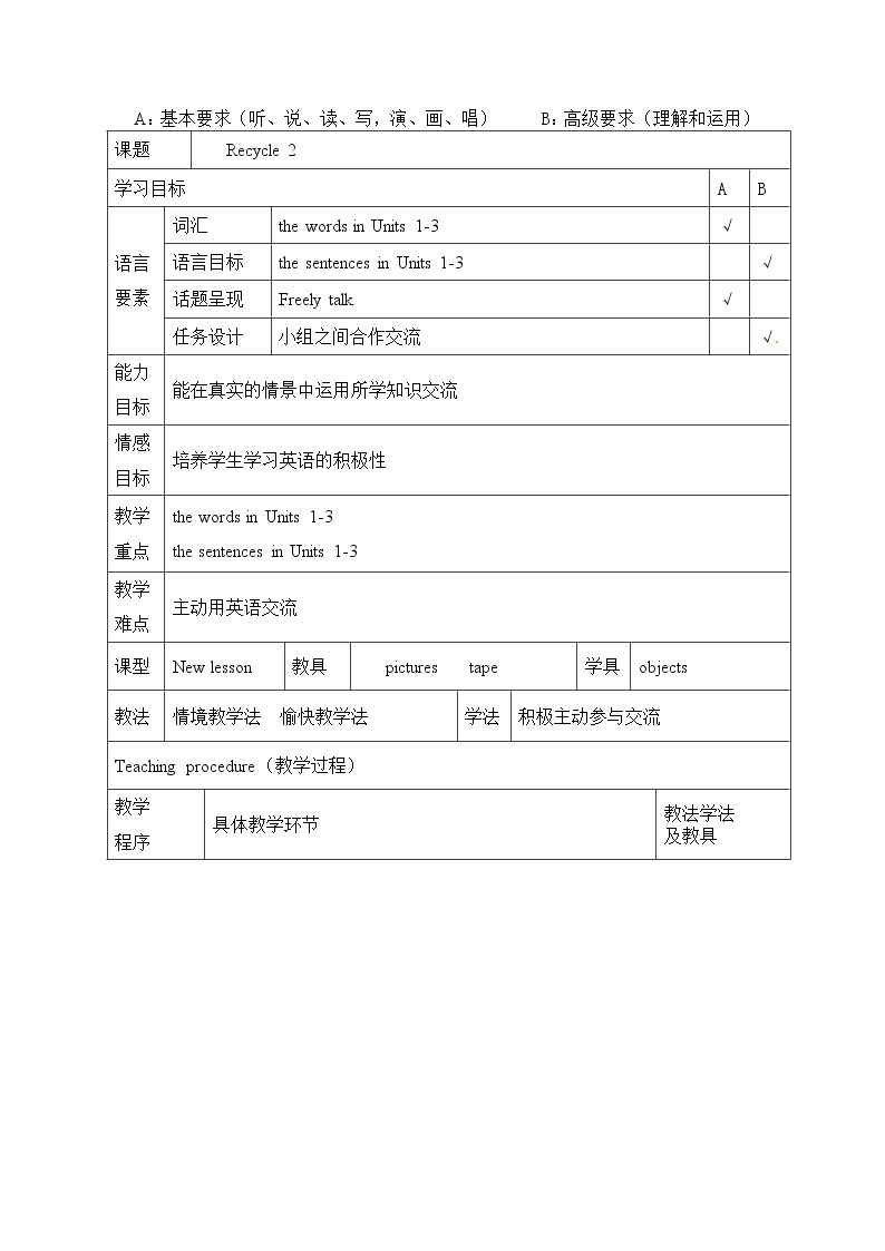 人教精通版英语三年级下册 Fun Time 1 Recycle  2 教案01