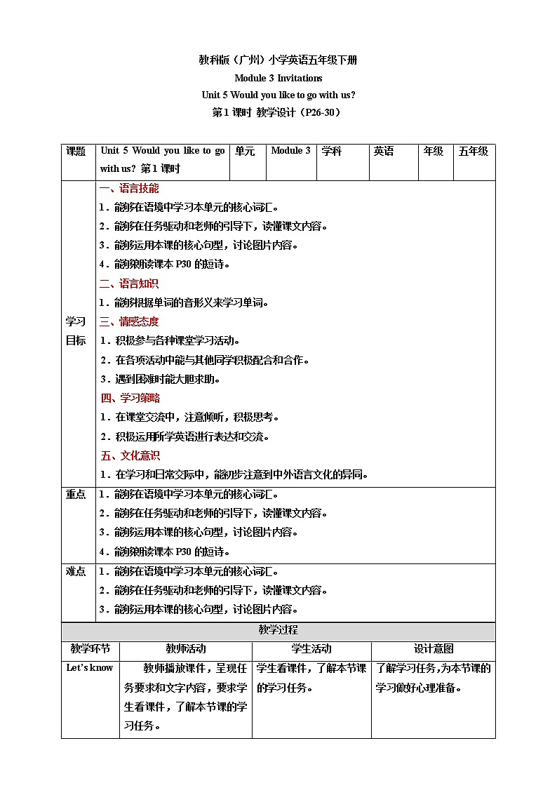 Module 3 Invitations Unit 5 Would you like to go with us (第1课时) 课件+教案+习题(含答案)+素材01