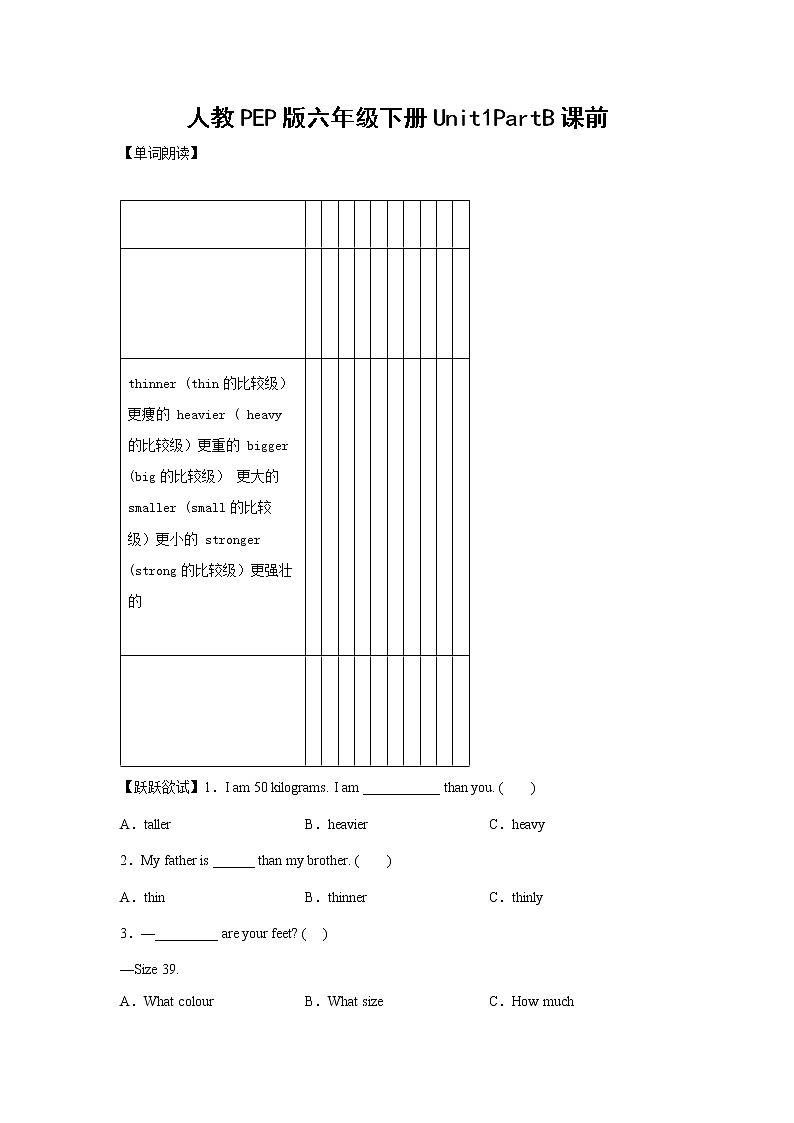 英语人教PEP版六年级下册Unit1PartB课前(学生版)第1页