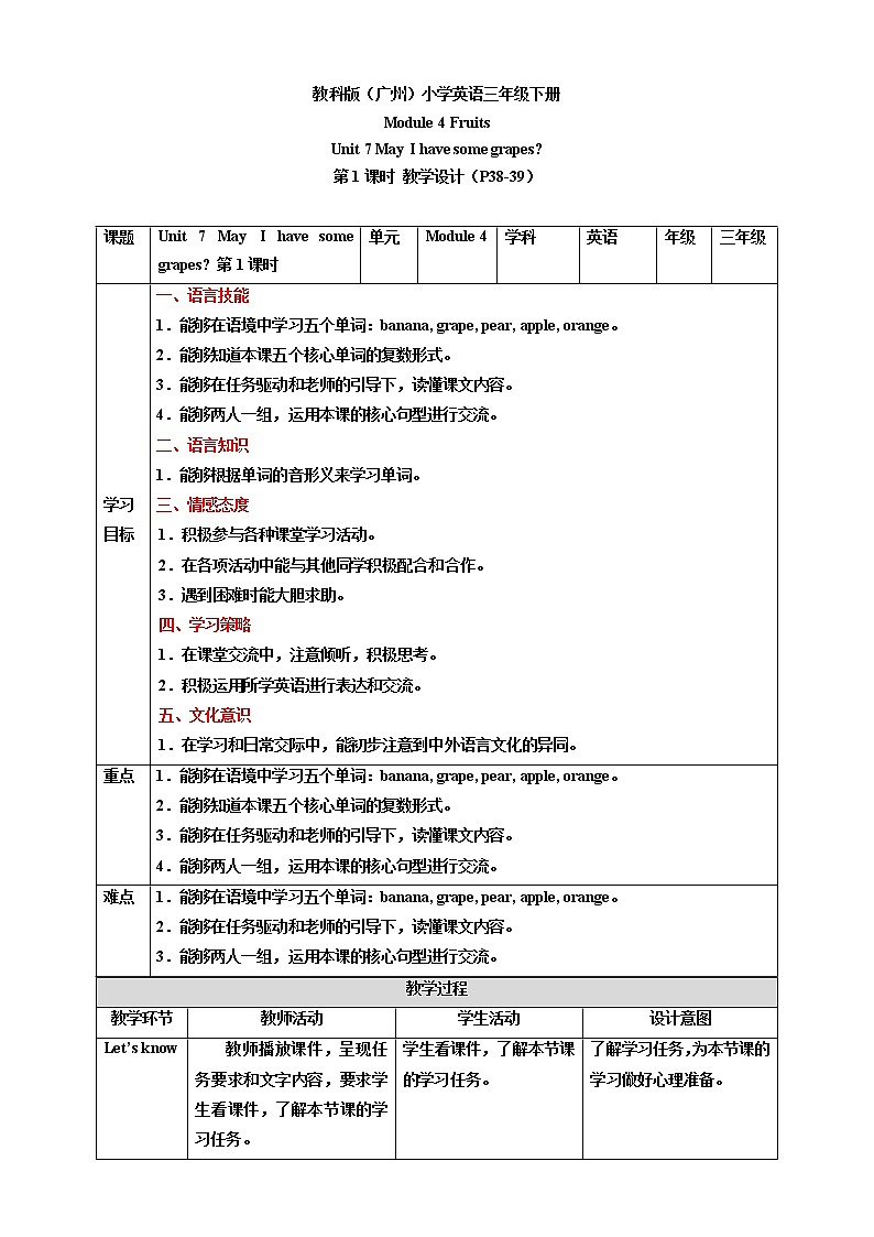 Module 4 Fruits Unit 7 May I have some grapes(第1课时 )课件+教案+习题(含答案)+素材01