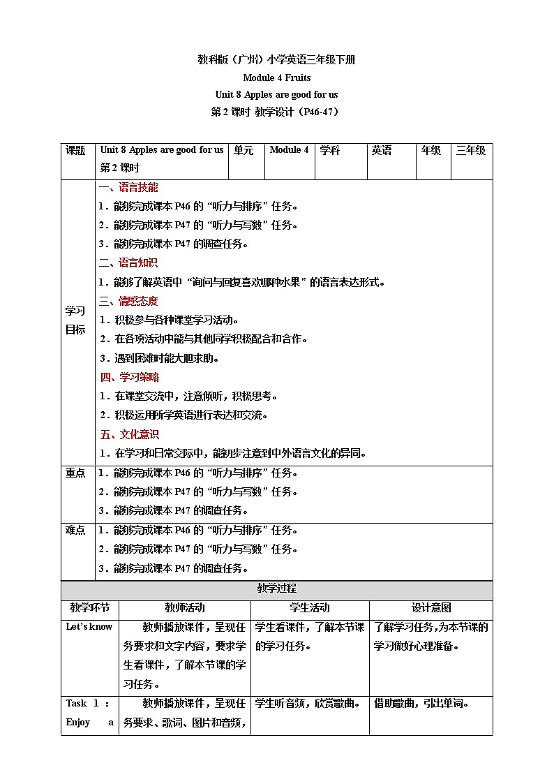 Module 4 Fruits Unit 8 Apples are good for us (第2课时 )课件+教案+习题(含答案)+素材01