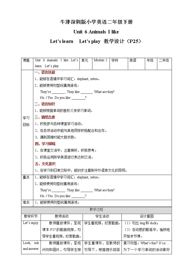 Unit 6 Animals I like Let 's learn Let 's play 教案第1页
